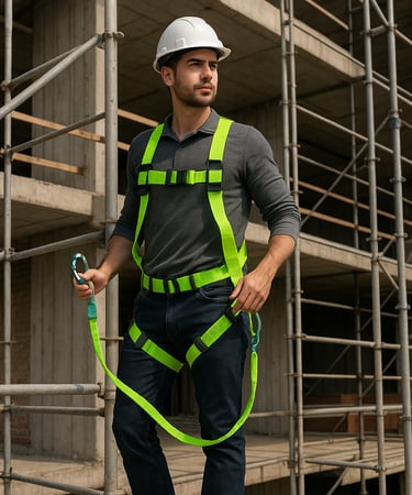 trabajador en edificio en construcción con andamios asegurado con arnés verde fluorescente como prot