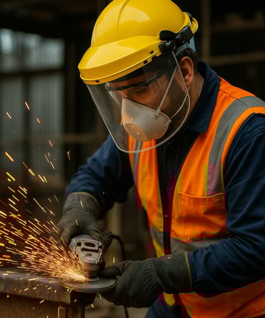 trabajador en obra esmerilando metal con chispas usando careta ESMILAR amarilla con visor transparen