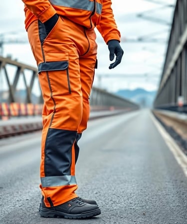 obrero en puente en construcción mostrando pantalones de seguridad