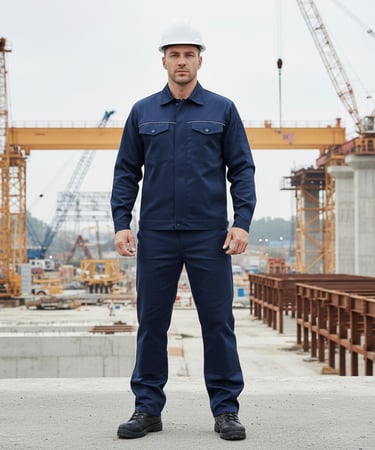 trabajador en obra industrial usando uniforme azul marino completo de seguridad como ropa industrial