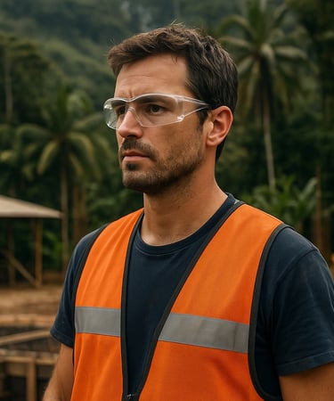 trabajador en obra en la selva usando gafas de seguridad transparentes como protección visual