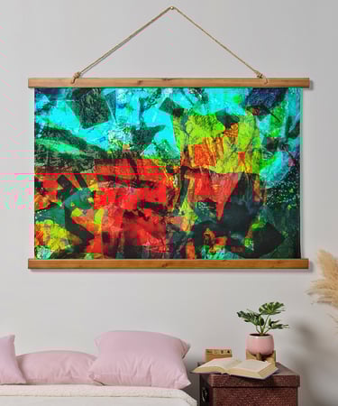 Wood topped wall tapestry calm vintage orange blue from recycled plastic photo print