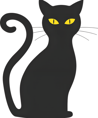 A black cat silhouette illustration with glowing yellow eyes for Halloween themes.