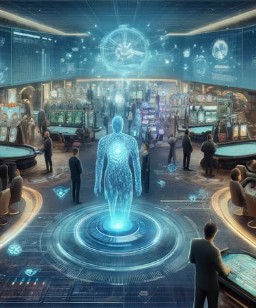 Futuristic casino with AI-powered betting assistants and blockchain technology