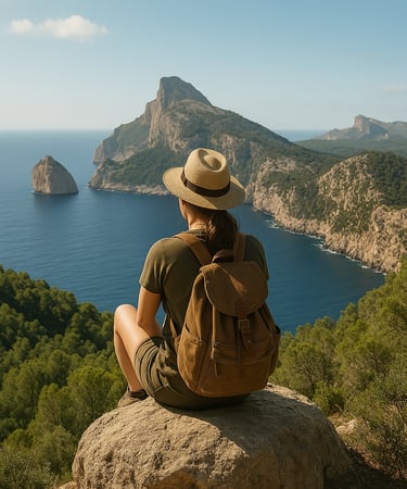 a man sitting on a rock with a backpack on top of it