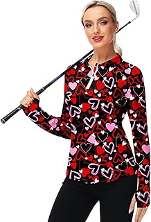 a woman in a red shirt and black pants holding a golf club