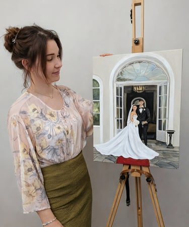 Christine live wedding painter working on a wedding painting at a venue in the UK