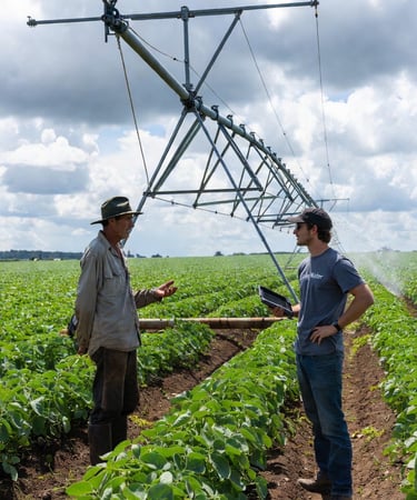 Two farmers discuss crop management under a center pivot irrigation system in a lush soybean field.