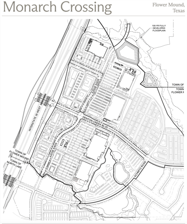 Site map for Monarch Crossing in Flower Mound, Texas, showing commercial and residential zoning layout.
