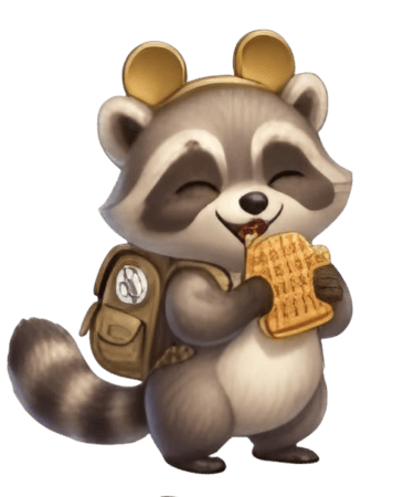 Cute cartoon raccoon with a backpack eating a golden waffle treat on a black background.