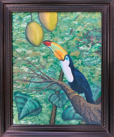 A framed oil painting of a colorful toucan bird perched on a branch near yellow tropical fruit.