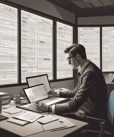 A person is working on a laptop at a table, focusing on a software interface displayed on the screen. The interface appears technical or related to programming and data flow. The setting seems to be a modern indoor office or study area with a window in the background.