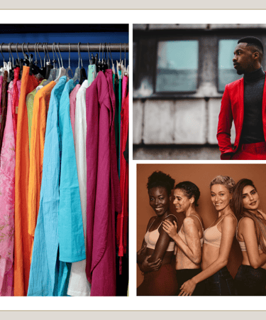 a man in a red jacket, woman in a red jacket, a collage of clothes on a rack