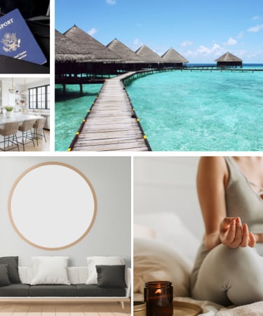 A collage featuring a U.S. passport, overwater bungalow resort, modern kitchen, minimal living room