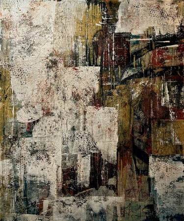 Mixed media collage Neo-expressionism art. Neo-expressionist Laurence Moracchini. Texture and nature Ditchling Sussex artist