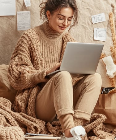 Giovane donna rilassata con laptop, che gestisce e vende prodotti digitali online con un approccio s