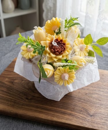 Handmade candle yellow sunflower and tulip shaped candles in a decorative bouquet gift wrap.