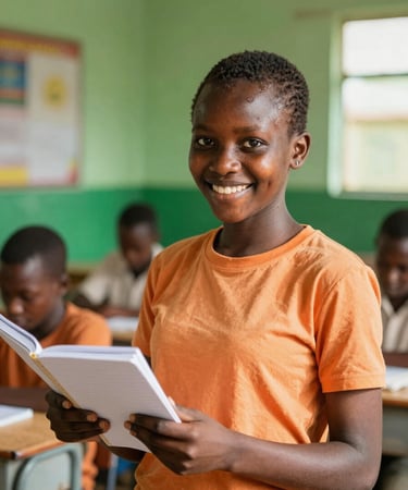 A young Mozambican teacher-in-training smiling in a sunlit classroom, holding a notebook, warm natural light, 35mm photography