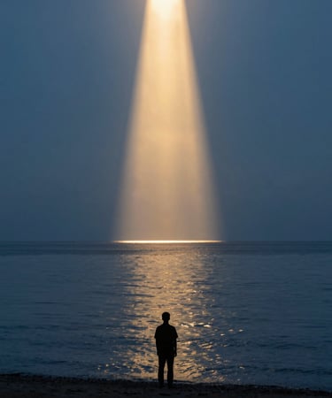 A quiet silhouette of a person standing at the edge of a calm ocean at golden hour, a single vertical beam of solar light piercing the sky, minimalist.