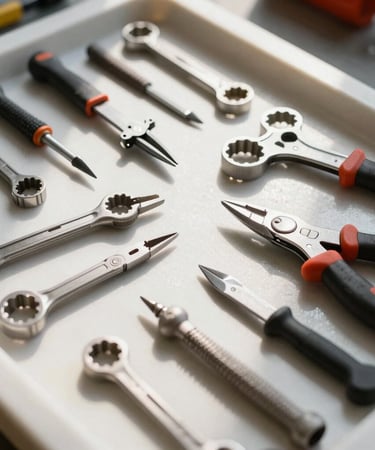 Extreme close-up of a neat, organized tool grid on a clean work surface, bright natural daylight highlighting precision hand tools
