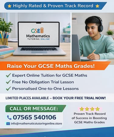 GCSE online Maths Tutor flyer featuring expert 1-to-1 tuition and a free trial lesson for students.