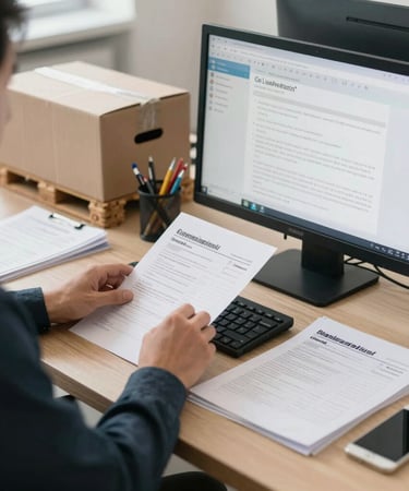 Close-up of hands typing on a laptop with logistics software on screen.