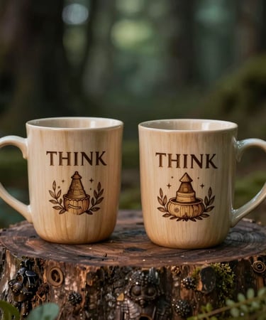 think engraved mugs or glassware on natural wood, soft forest light, subtle witchy atmosphere, and a