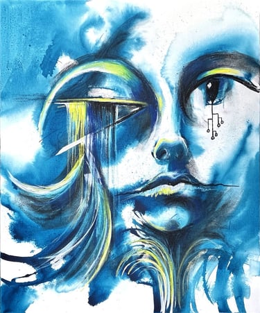 blue abstract face painting from the satirical series Not My Collector By Tara Roskell