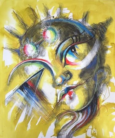 Not My Collector abstract face painting by Tara Roskell featuring a colourful expressive face on a yellow background.