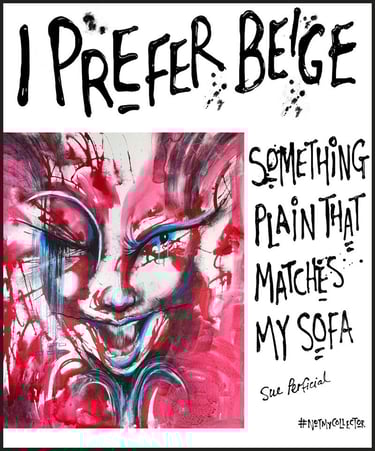 Red abstract face painting with criticism from the satirical series Not My Collector By Tara Roskell