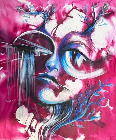 Pink abstract face painting from the satirical series Not My Collector By Tara Roskell