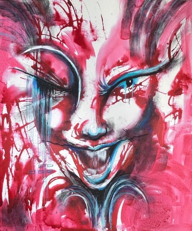 Red abstract face painting from the satirical series Not My Collector By Tara Roskell