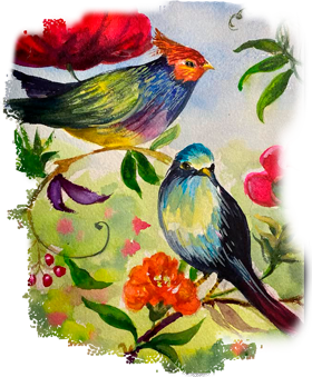 a painting of two birds sitting on a branch