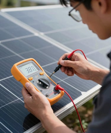 Action shot of a technician measuring current with a multimeter on an outdoor solar setup. Bright daylight, professional focus.