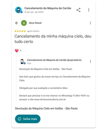 Devolucao da Maquina Cielo em Itatiba Sao Paulo