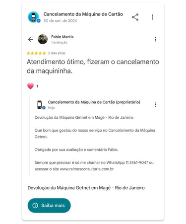 Devolucao da Maquina Getnet em Mage Rio de Janeiro