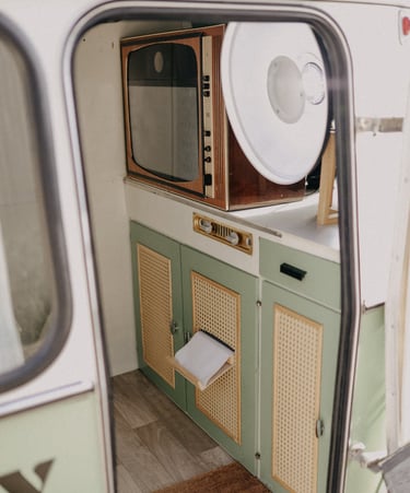 a small kitchen with a microwave and a microwave