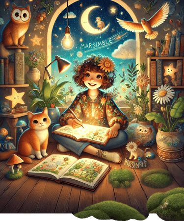 Smiling child draws by moonlit window with cat, books, glowing stars, and magical Marsimble scene.