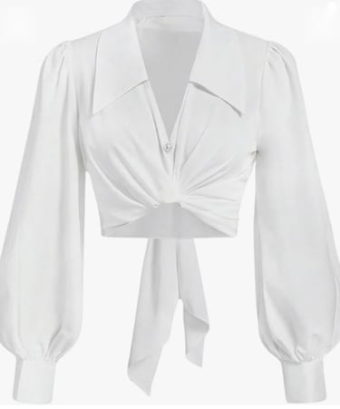 white collard blouse, long-sleeved, ties in the front