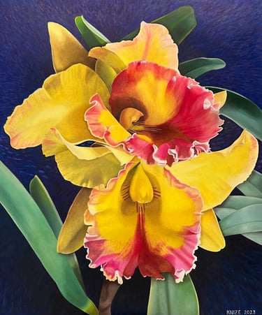 Large-scale orchid painting by Christine Knize, Orchidelirium series, 72 x 60, contemporary realism