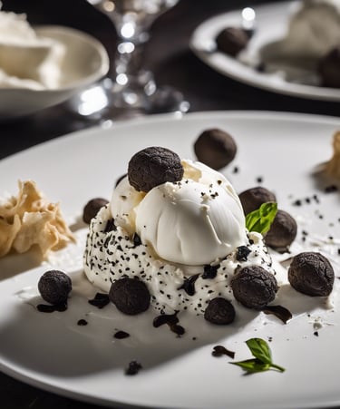 Slices of fresh mozzarella cheese are drizzled with balsamic glaze and placed alongside cherry tomatoes on a rectangular white plate. Fresh basil leaves are arranged on the side, adding a touch of green to the dish.