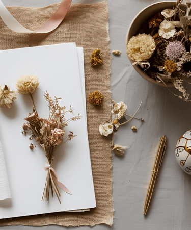 a book with a flower on it and a vase with flowers