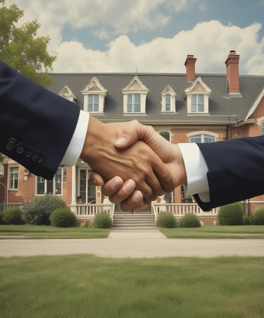 a couple holding hands in front of a house