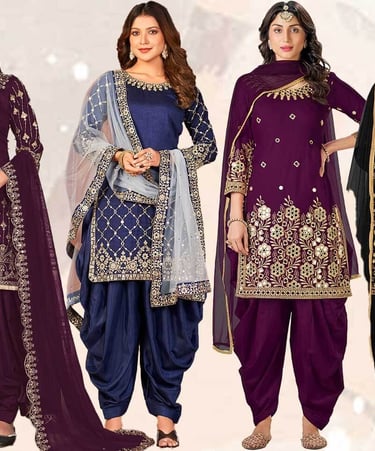 Six women wearing embroidered Punjabi salwar kameez suits in various colors with matching dupattas.