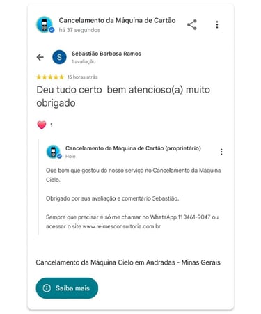 Cancelamento da Maquina Cielo em Andradas Minas Gerais