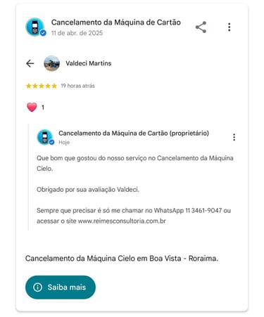 Cancelamento da Maquina Cielo em Boa Vista Roraima