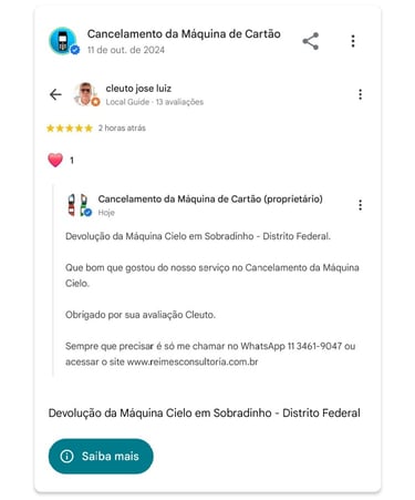 Devolucao da Maquina Cielo em Sobradinho Distrito Federal