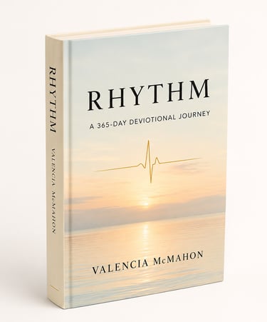 Rhythm: A 365-Day Devotional Journey book by Valencia McMahon featuring a sunset ocean cover.