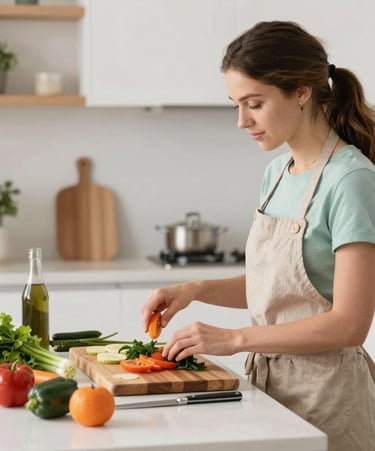 Woman happily preparing a colorful healthy salad in a bright kitchen.
