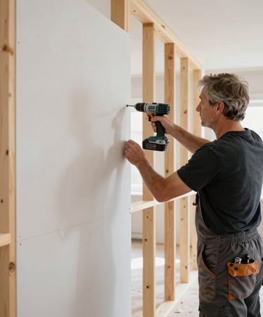 Close-up of a professional worker installing elegant wooden flooring in a bright living room.
